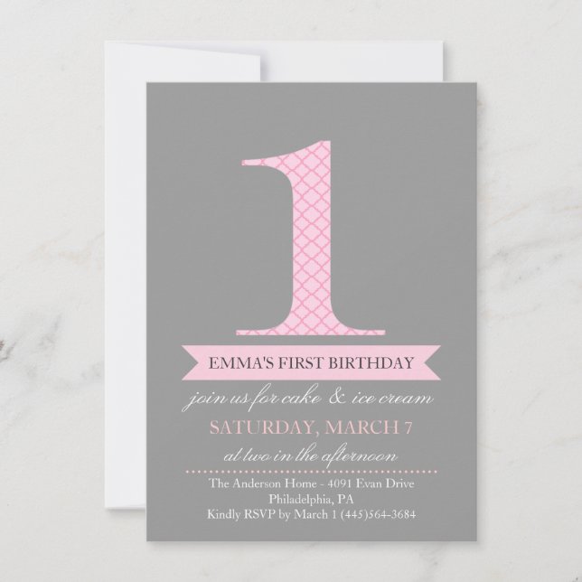 Gray & Pink Modern Pattern 1 Birthday Invitation (Front)