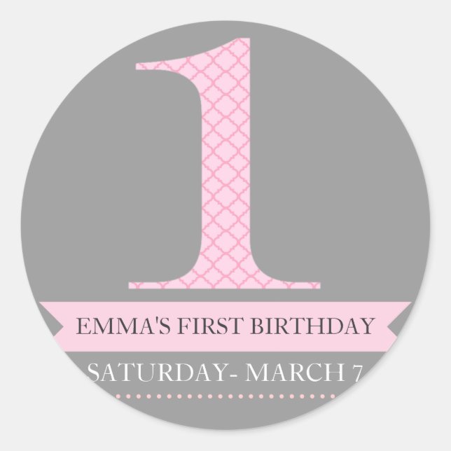 Gray & Pink Modern Pattern 1 Birthday Sticker (Front)