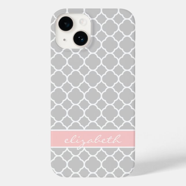 Gray & Pink Modern Quatrefoil Custom Monogram Case-Mate iPhone Case (Back)