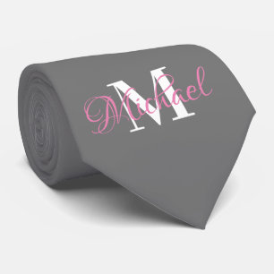 Gray & Pink Monogramed Necktie