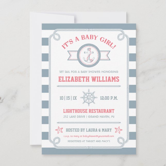 Gray & Pink Nautical Baby Girl Shower Invitation (Front)