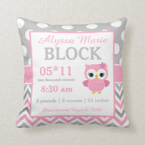 Gray Pink Owl Baby Announcement Pillow