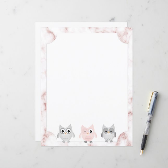 Gray & Pink Owls Rose Gold Marble Border Paper (Front/Back In Situ)