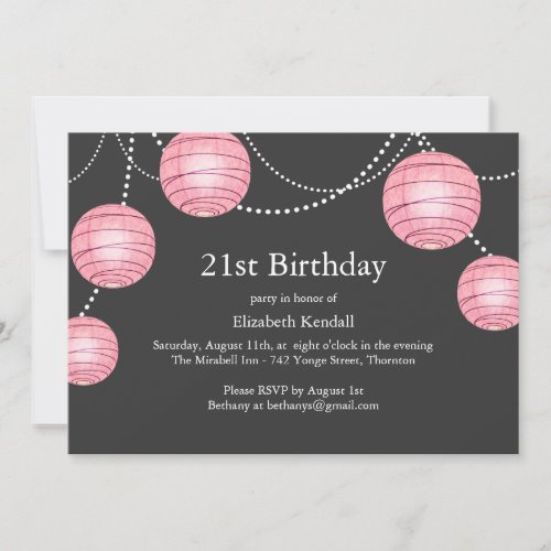 Gray &amp; Pink Party Lantern 21st Birthday Invitation
