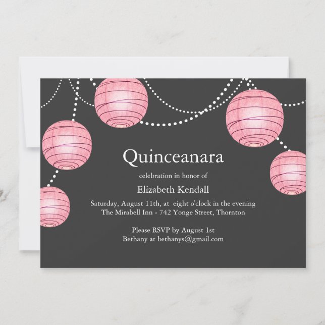 Gray & Pink Party Lantern Quinceanera Invitation (Front)