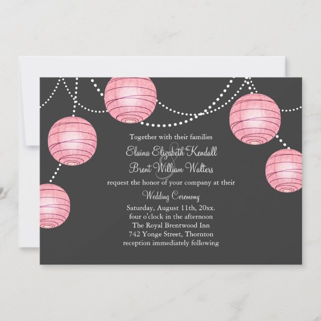 Gray & Pink Party Lanterns Wedding Invitation (Front)