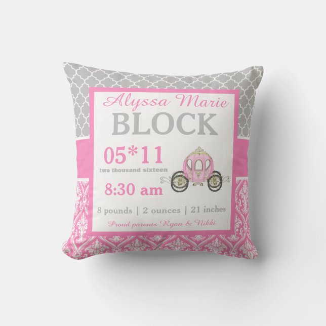Gray Pink Princess Baby Announcement Pillow (Front)