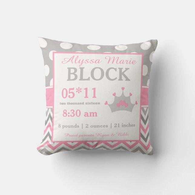 Gray Pink Princess Baby Announcement Pillow (Front)