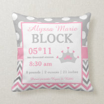 Gray Pink Princess Baby Announcement Pillow