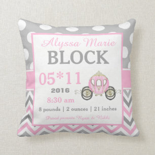 Gray Pink Princess Carriage Baby Announcement Throw Pillow