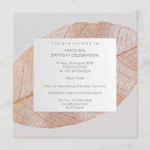 Gray Pink Rose Gold Leaf Birthday Party Invitation
