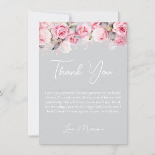 Gray Pink Roses Bridal Shower Pink Thank You Card