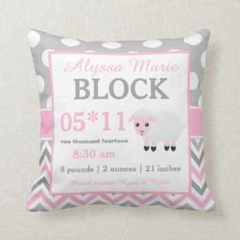 Gray Pink Sheep Baby Announcement Pillow by mybabytee at Zazzle