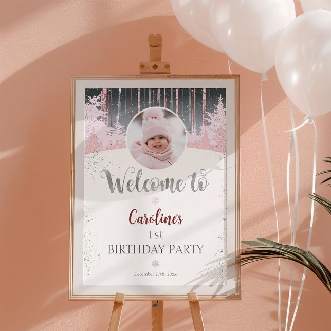 Gray Pink Snow Winter 1st Birthday Welcome Photo Poster (Creator Uploaded)