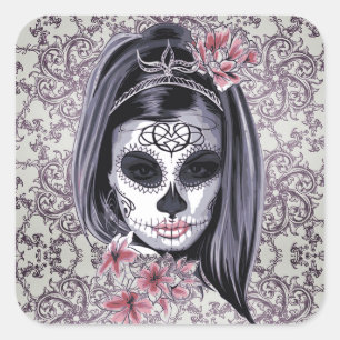 Gray/Pink Sugar Skull/Day of the Dead Girl Sticker