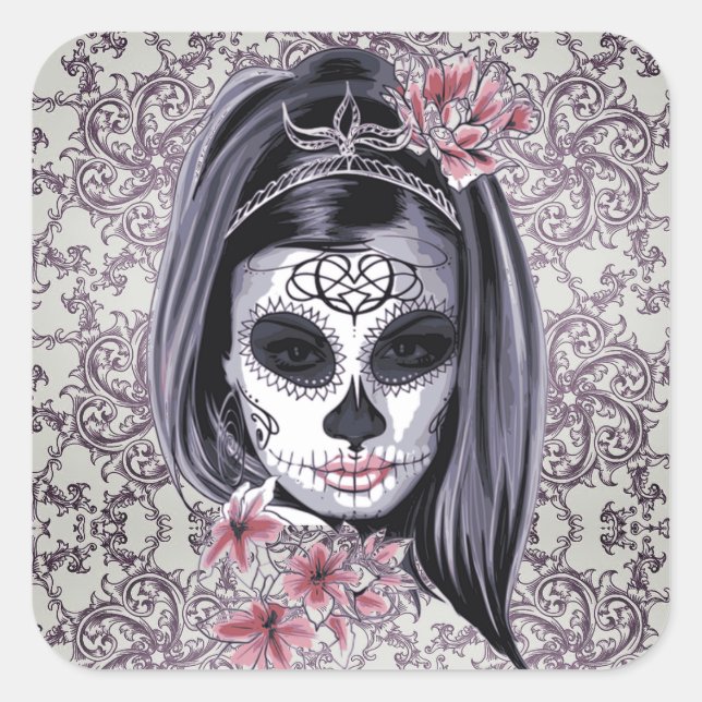 Gray/Pink Sugar Skull/Day of the Dead Girl Sticker (Front)