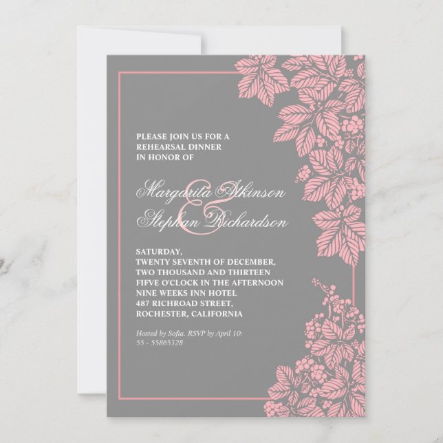 gray & pink vineyard rehearsal dinner invites (Front)