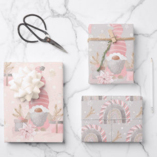 GRAY & PINK WATERCOLOR HOLIDAY GNOME THEME WRAPPING PAPER SHEETS
