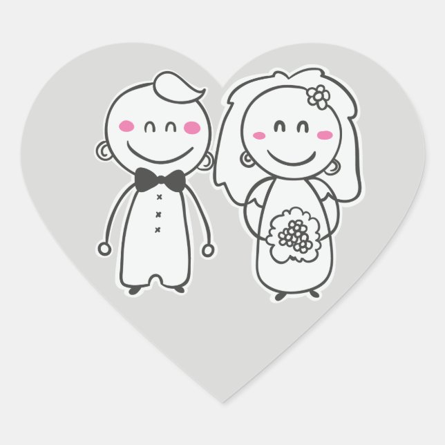 Gray & Pink Wedding Cartoon Bride & Groom Heart Sticker (Front)