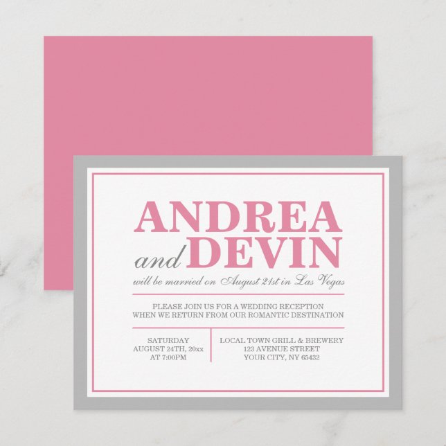 Gray & Pink Wedding Reception ONLY Invitations (Front/Back)