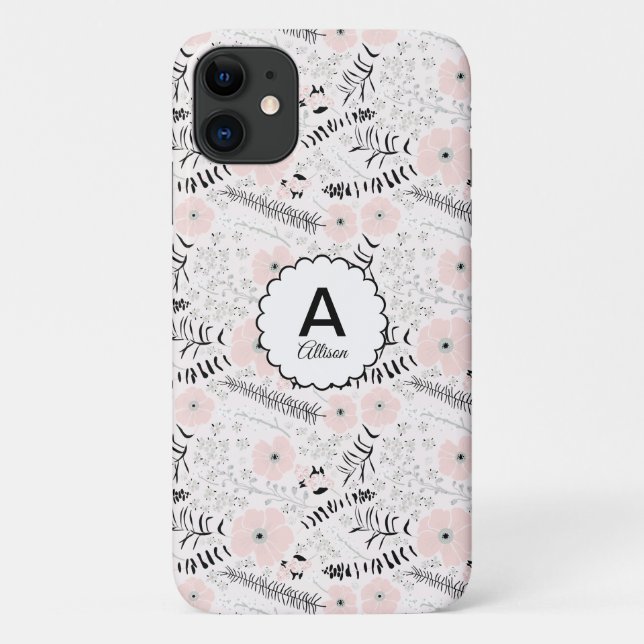 Gray Pink Whimsical Flowers Monogram Case-Mate iPhone Case (Back)