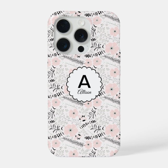 Gray Pink Whimsical Flowers Monogram Iphone Case (Back)