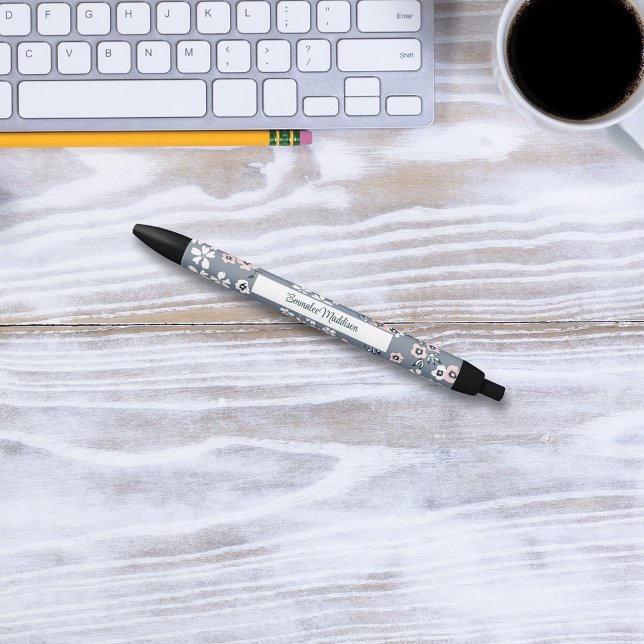 Gray Pink White Bohemian Floral Ditsy Monogrammed Pen (Creator Uploaded)