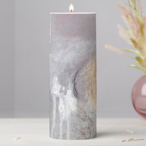 Gray Pink White Orange Abstract Art Pillar Candle