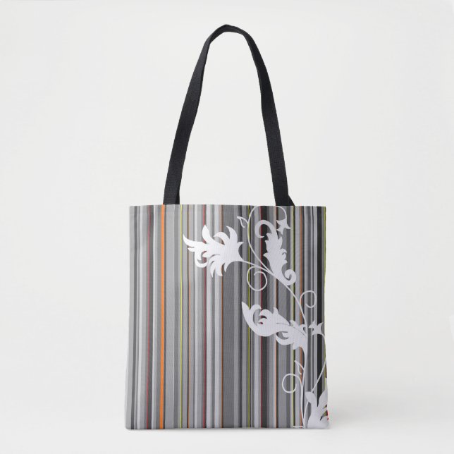 Gray Pinstripe and Floral Design Tote Bag (Front)