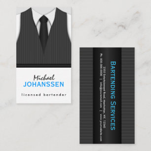 Gray Pinstripe Suit Vest and Black Tie Bartender Business Card