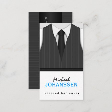 Gray Pinstripe Suit Vest And Black Tie Bartender Business Card
