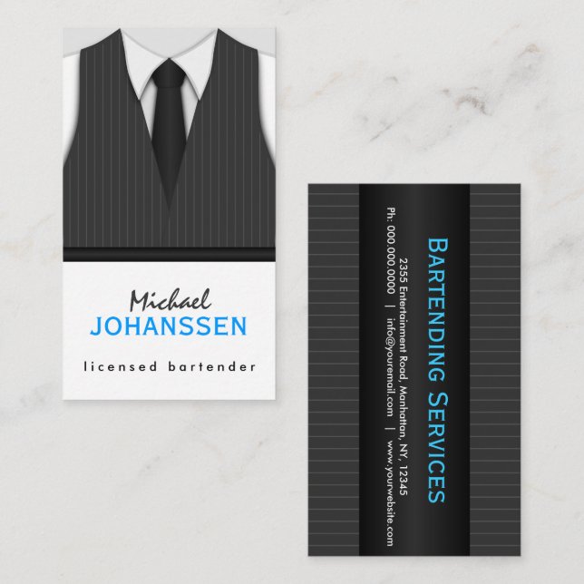 Gray Pinstripe Suit Vest and Black Tie Bartender Business Card (Front/Back)