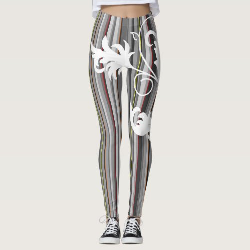 Gray Pinstripe White Floral Leggings