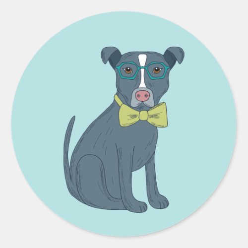 Gray Pit Bull Puppy Dog Wearing Glasses Classic Round Sticker
