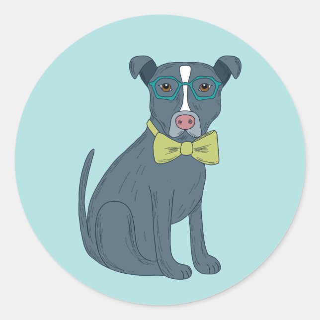 Gray Pit Bull Puppy Dog Wearing Glasses Classic Round Sticker (Front)