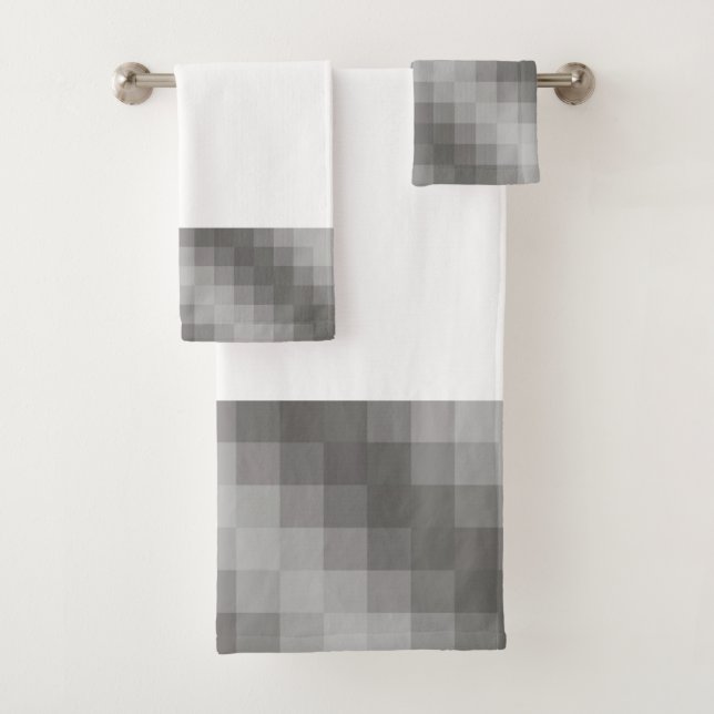 Gray Pixel Graphic on White Bathroom Towels (Insitu)