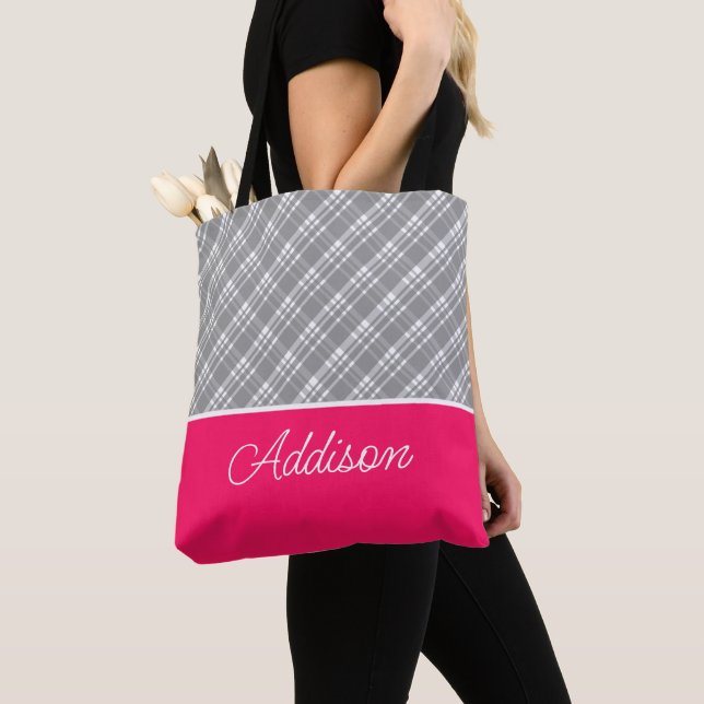 Gray Plaid And Pink Stripe Tote Bag (Close Up)