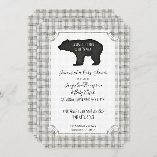 Gray Plaid Bear Woodsy Forest Tree Baby Boy Shower Invitation