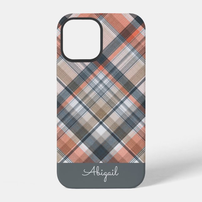 Gray Plaid Elegant Script Name Iphone Case (Back)