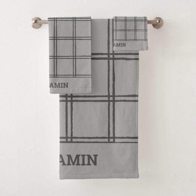 Gray Plaid Personalized Name Masculine Bathroom Bath Towel Set (Insitu)