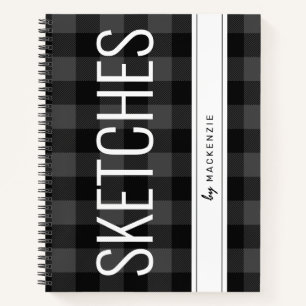 Gray Plaid Sketchbook Custom Name Notebook