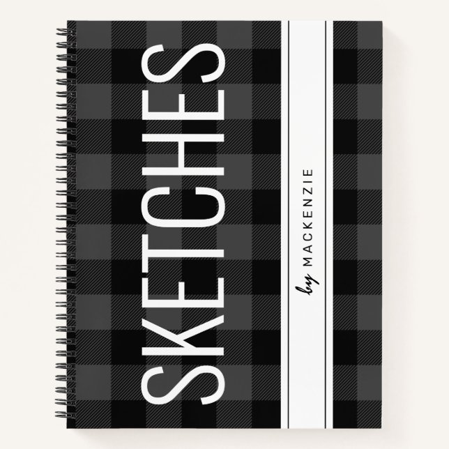 Gray Plaid Sketchbook Custom Name Notebook (Front)