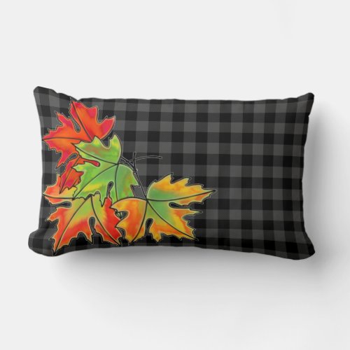 Gray Plaid with Fall Maple Leaves Lumbar Pillow