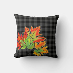 Gray Plaid with Fall Maple Leaves Throw Pillow