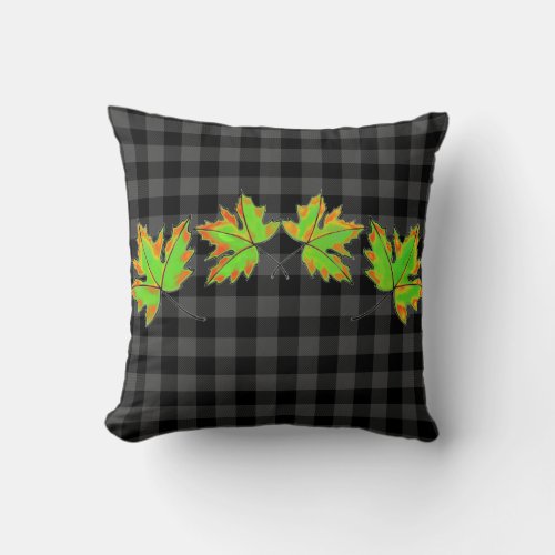Gray Plaid with Fall Maple Leaves Throw Pillow