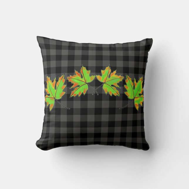 Gray Plaid with Fall Maple Leaves Throw Pillow (Front)