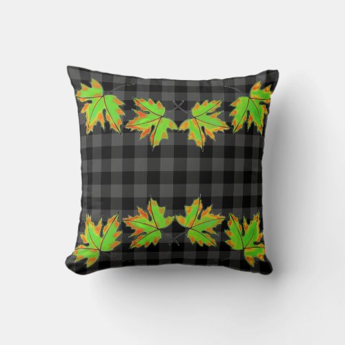 Gray Plaid with Fall Maple Leaves Throw Pillow