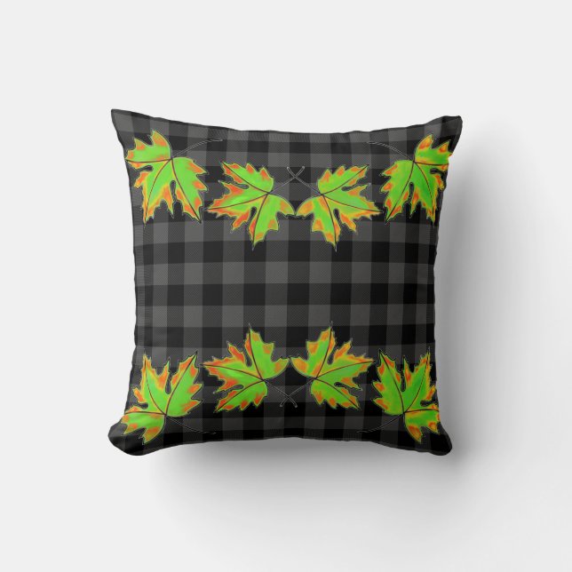Gray Plaid with Fall Maple Leaves Throw Pillow (Front)
