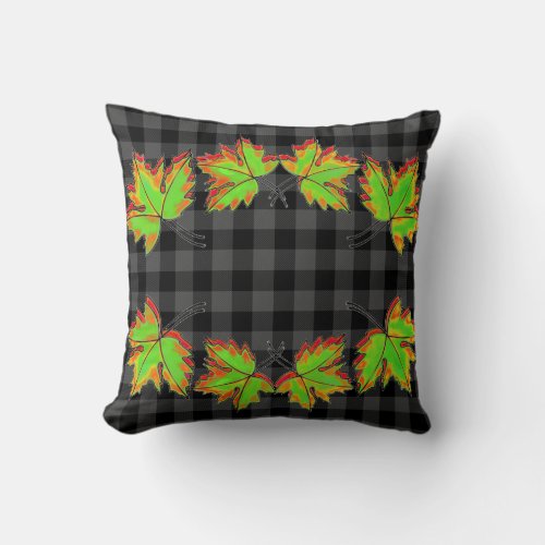 Gray Plaid with Fall Maple Leaves Throw Pillow