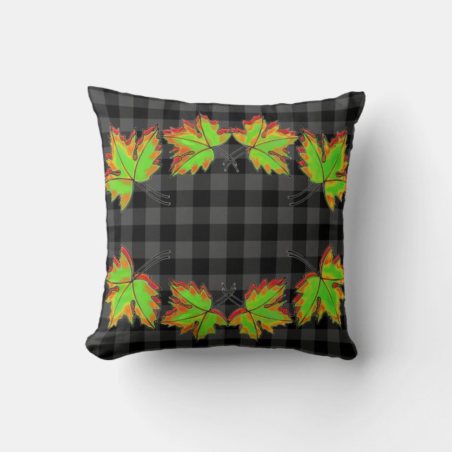 Gray Plaid with Fall Maple Leaves Throw Pillow (Front)